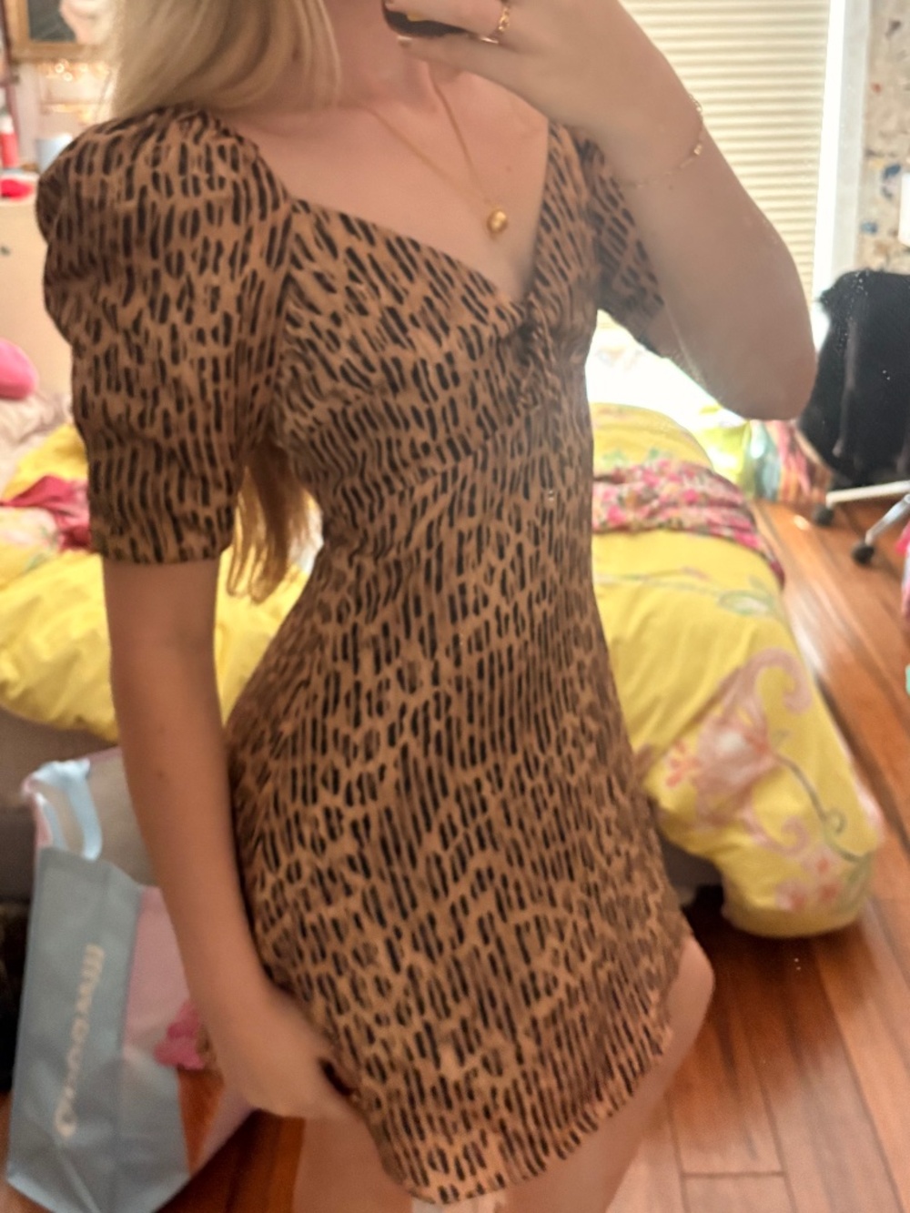 Alice & Olivia Brown Abstract Leopard Print "Dana" Puff Sleeve Mini Dress - 6 - Picture 3 of 4